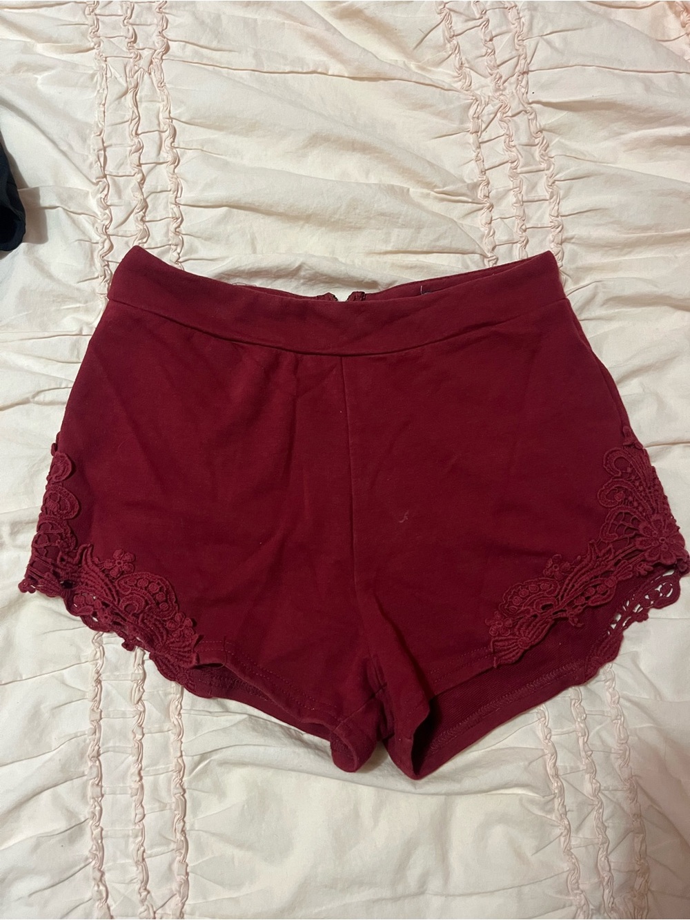 Essentials High-Waist Lace-Trim Shorts in Burgundy